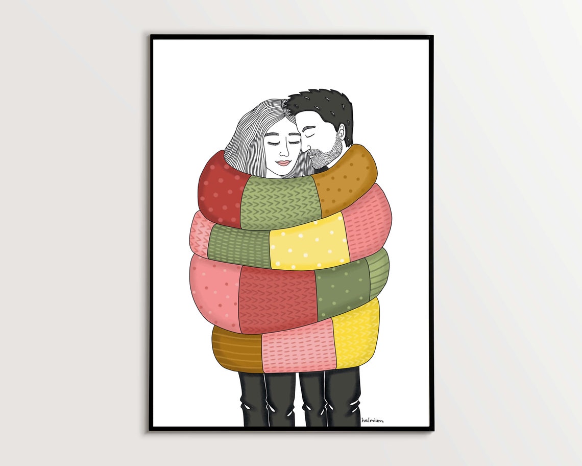 Cuddling Couple Hugging Inside a Colorful Patchwork Blanket Poster