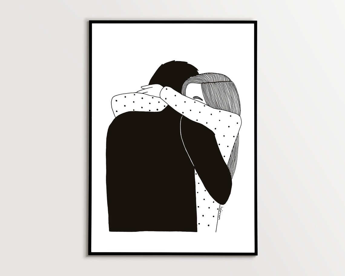 Black and White Couple Embrace From Behind Minimalist Poster