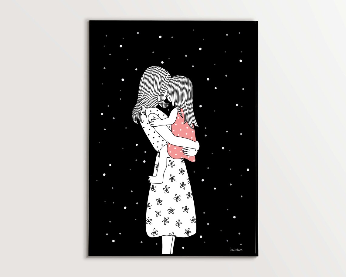 Mother Hugging Daughter Under a Starry Night Black Sky Poster