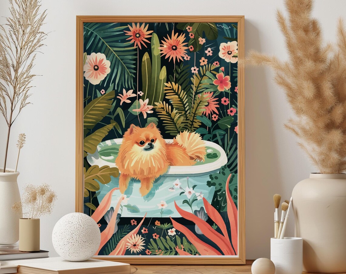Pomeranian Boho Jungle Poster, Maximalist Dog Art