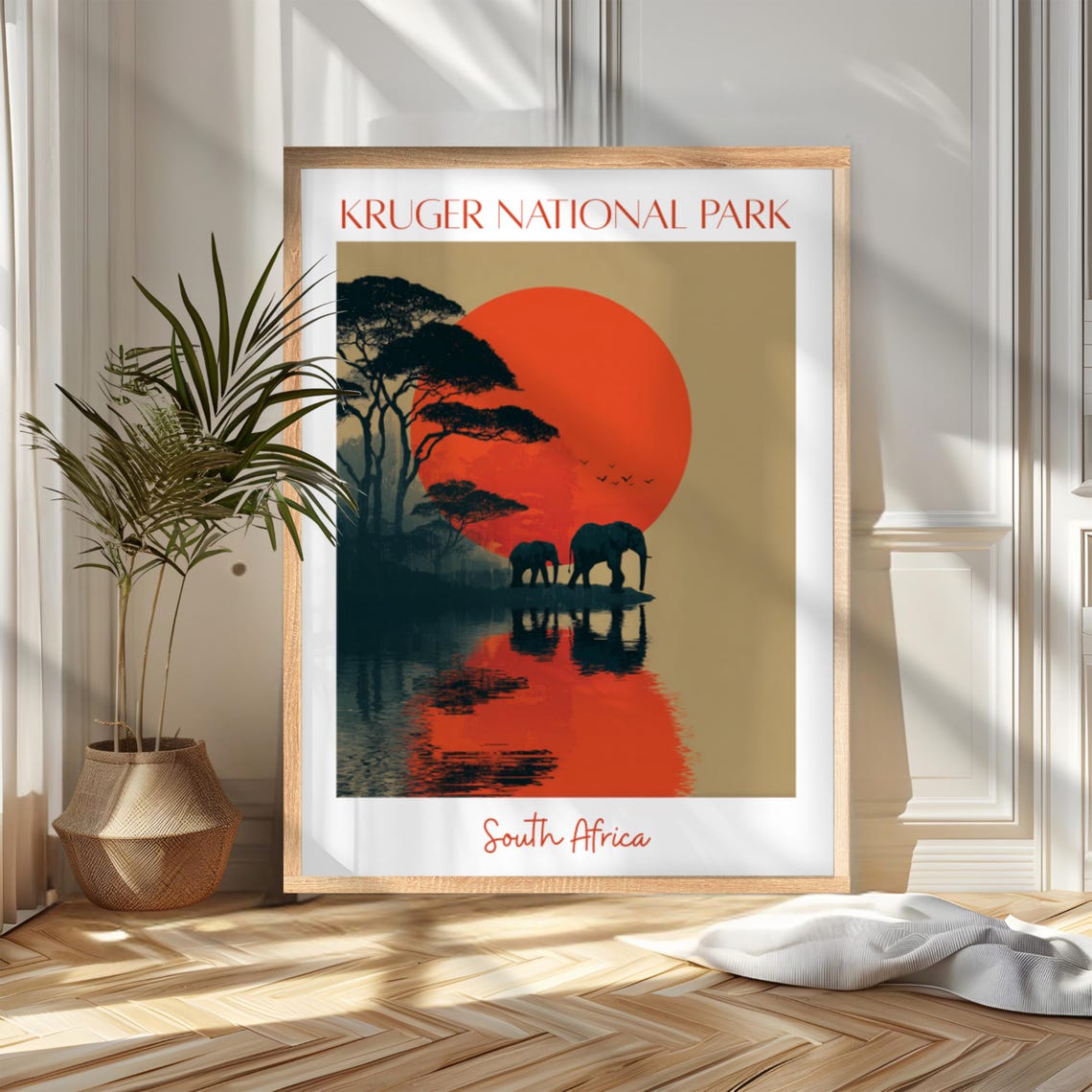Kruger National Park Elephants Sunset South Africa Travel Poster