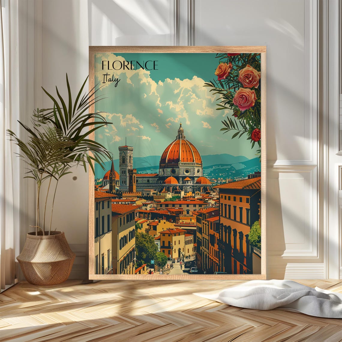 Florence Italy Duomo Cathedral Vintage Rose Travel Art Poster
