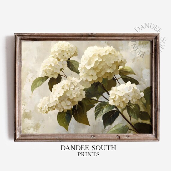 White Hydrangea Bouquet Oil Painting Neutral Floral Botanical Art Print
