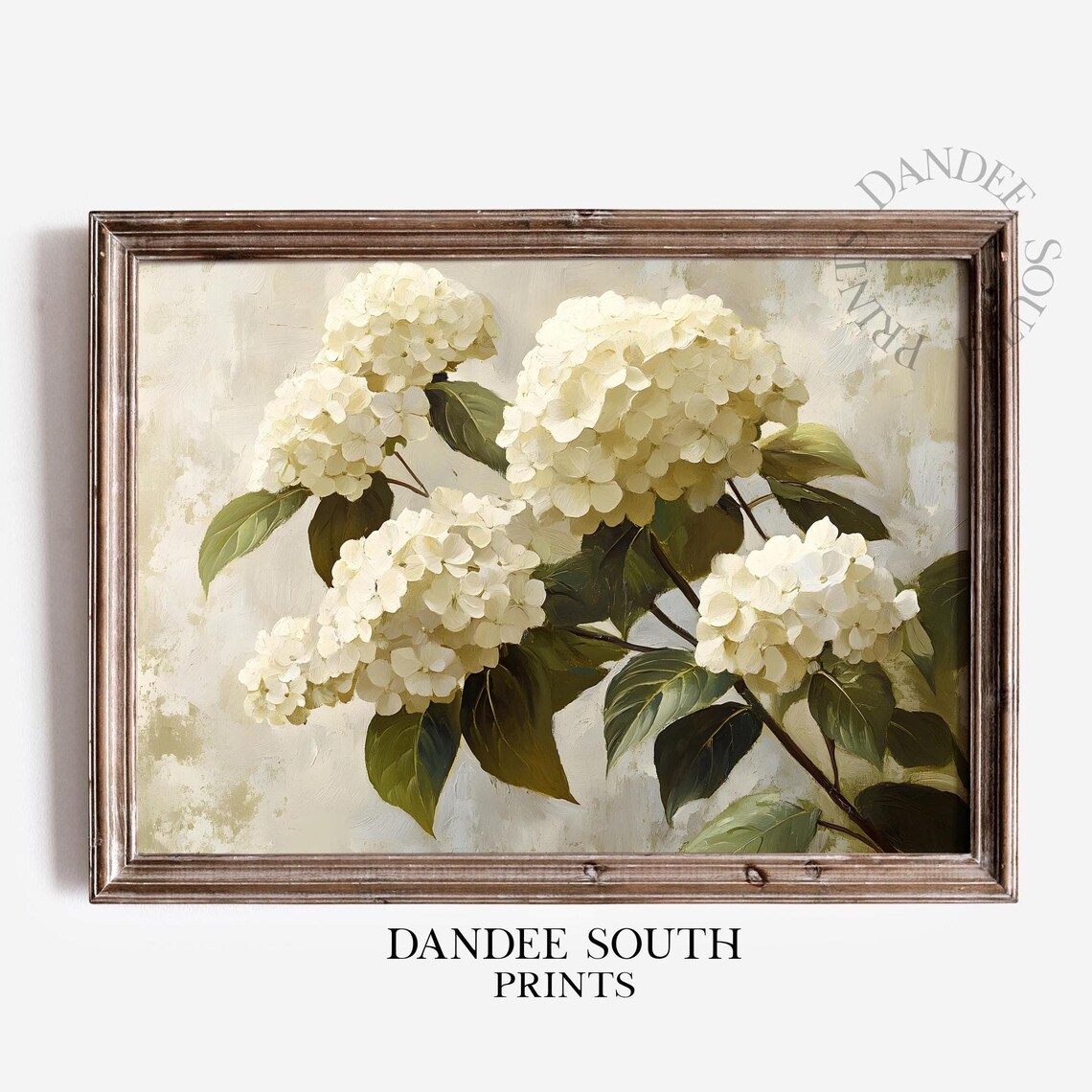 White Hydrangea Bouquet Oil Painting Neutral Floral Botanical Art Print