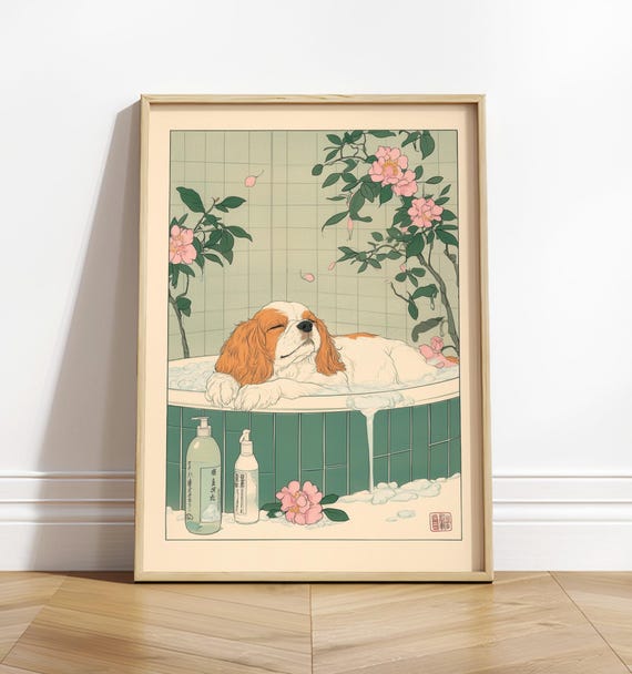 Cavalier King Charles Spaniel Bathroom Art Print, Ukiyoe
