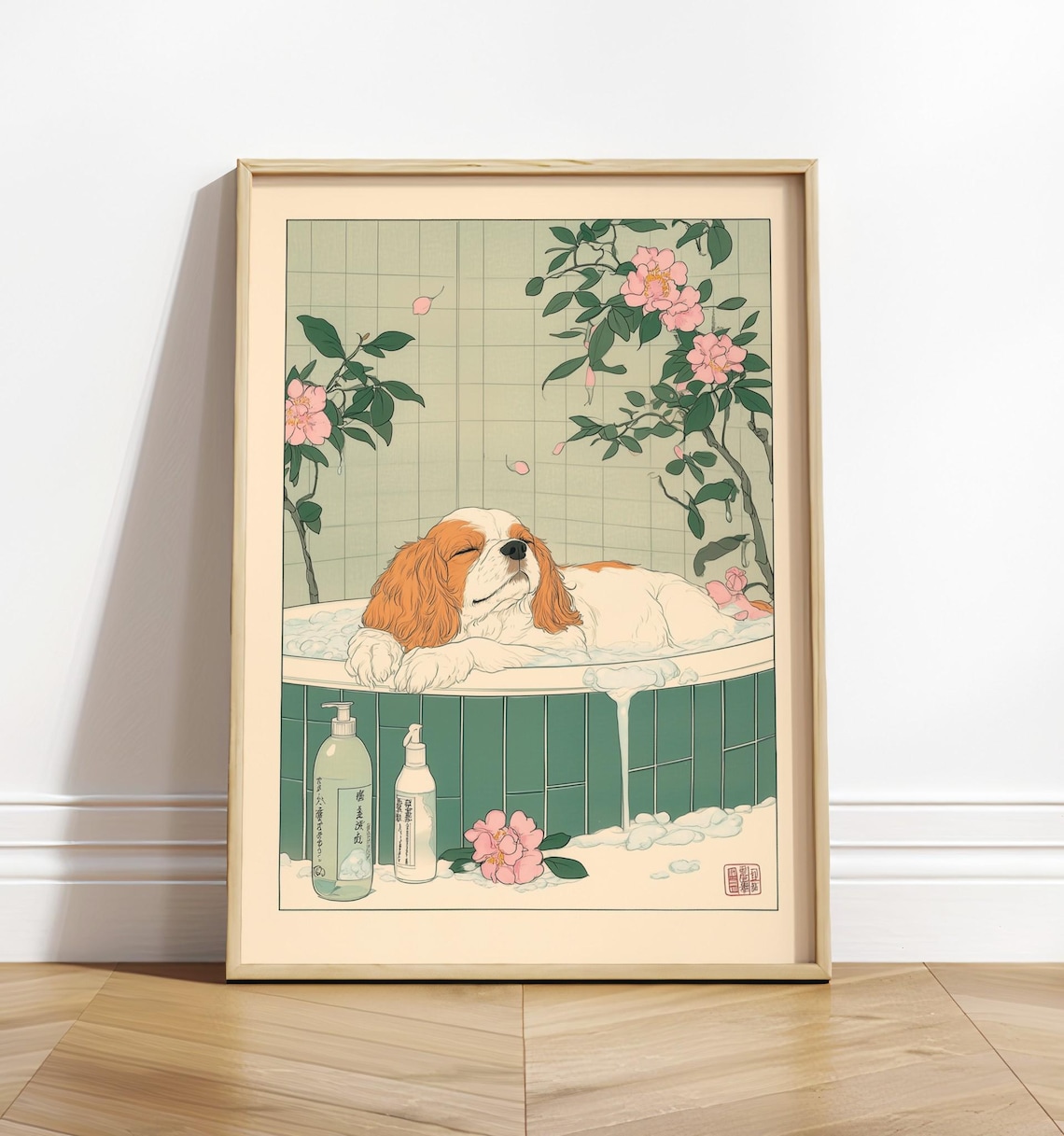 Cavalier King Charles Spaniel Bathroom Art Print, Ukiyoe