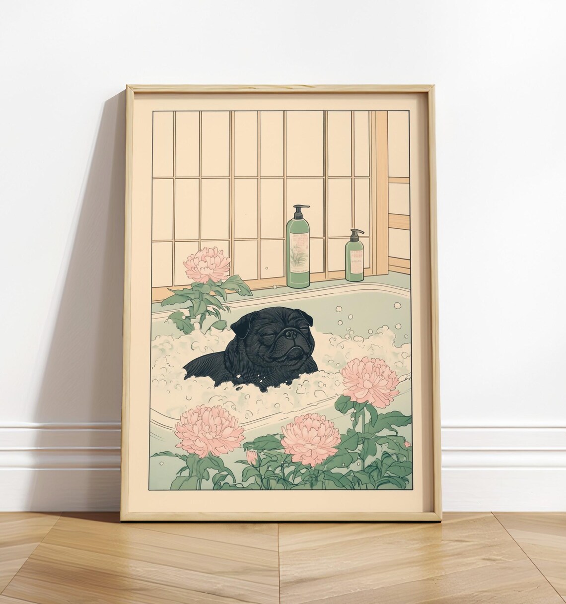 Black Pug Bathroom Art Print, Kawaii Japandi Ukiyoe