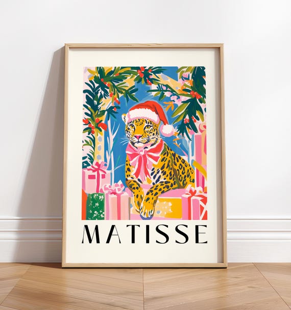 Leopard In Santa Hat Christmas Wall Art For Living Room Decor Henri Matisse Print Funny Wall Art Festive Af Aesthetic Poster