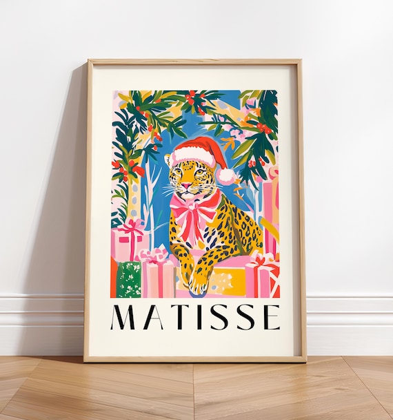 Matisse Style Leopard Santa Hat Christmas Gift Pink Wall Art