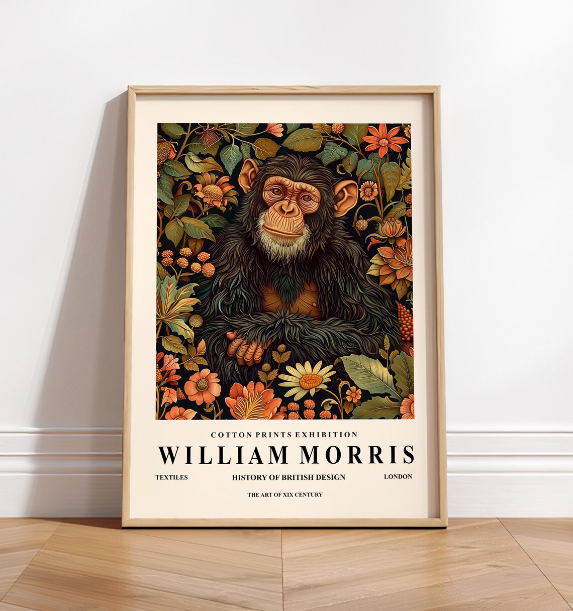 Monkey Art Print, William Morris Floral Decor