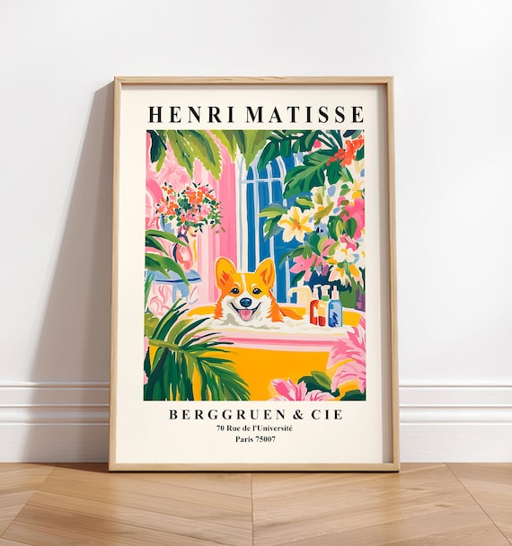 Corgi Art Print, Matisse-Inspired Funny Bathtub