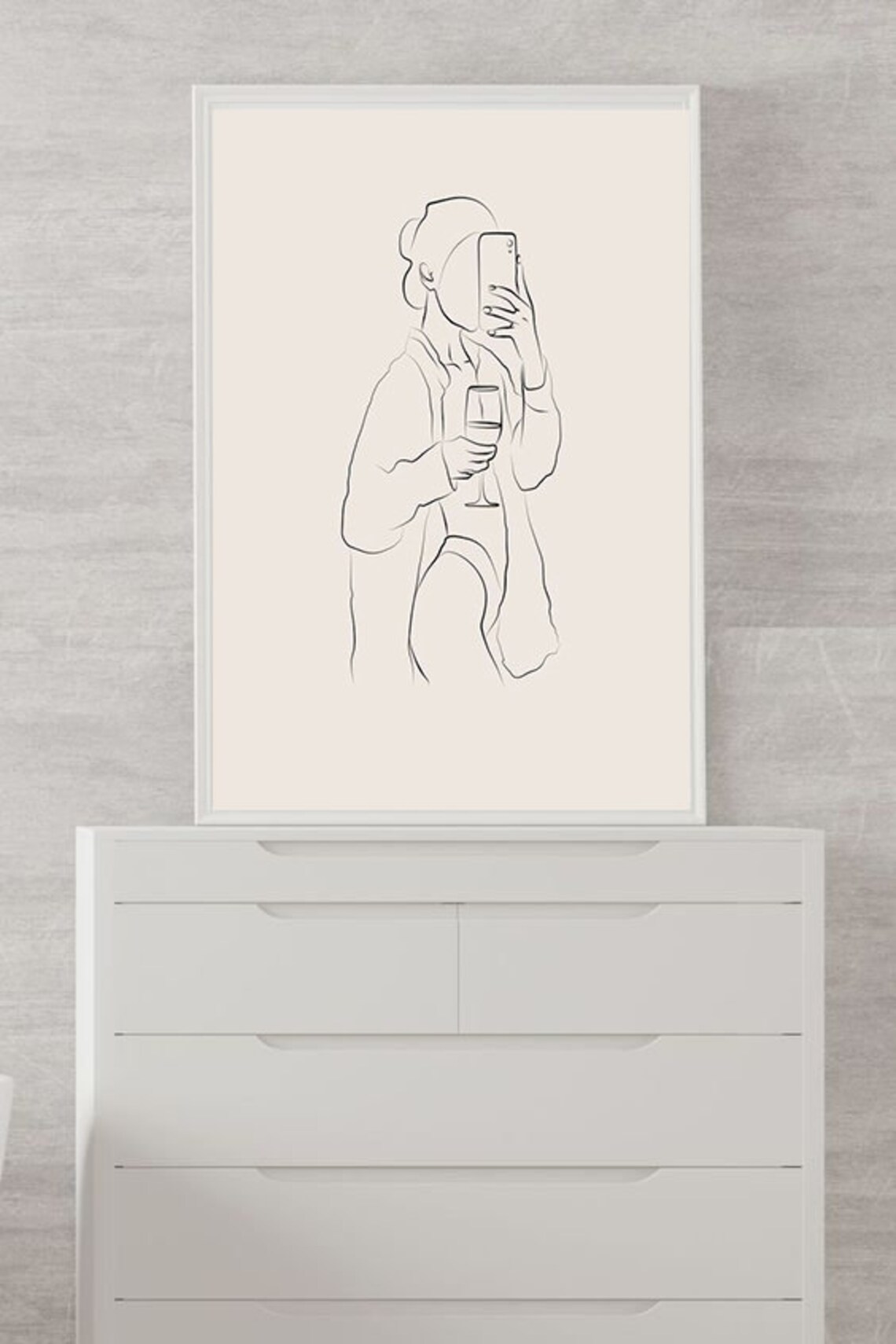Minimalist Line Art Woman Wine Glass Mirror Selfie Style Poster - Image 3