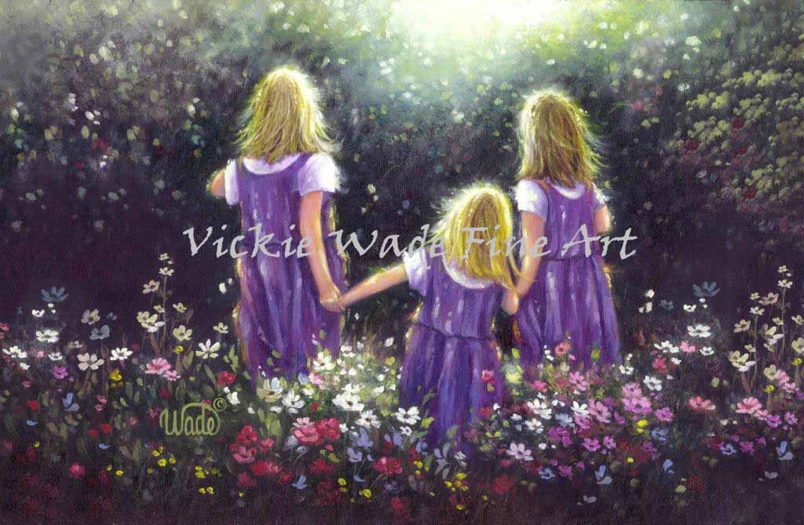 Three Blonde Girls In Purple Dresses In A Flower Garden Poster