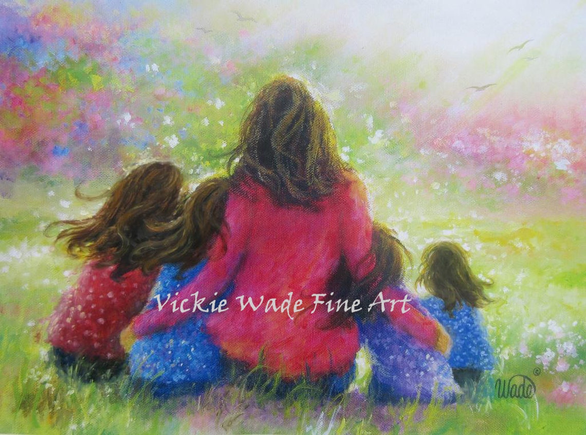Mother And Four Daughters Art Print Four Girls Paintings Garden Mother Motherhood Four Sisters Girls Room Wall Art Vickie Wade Art