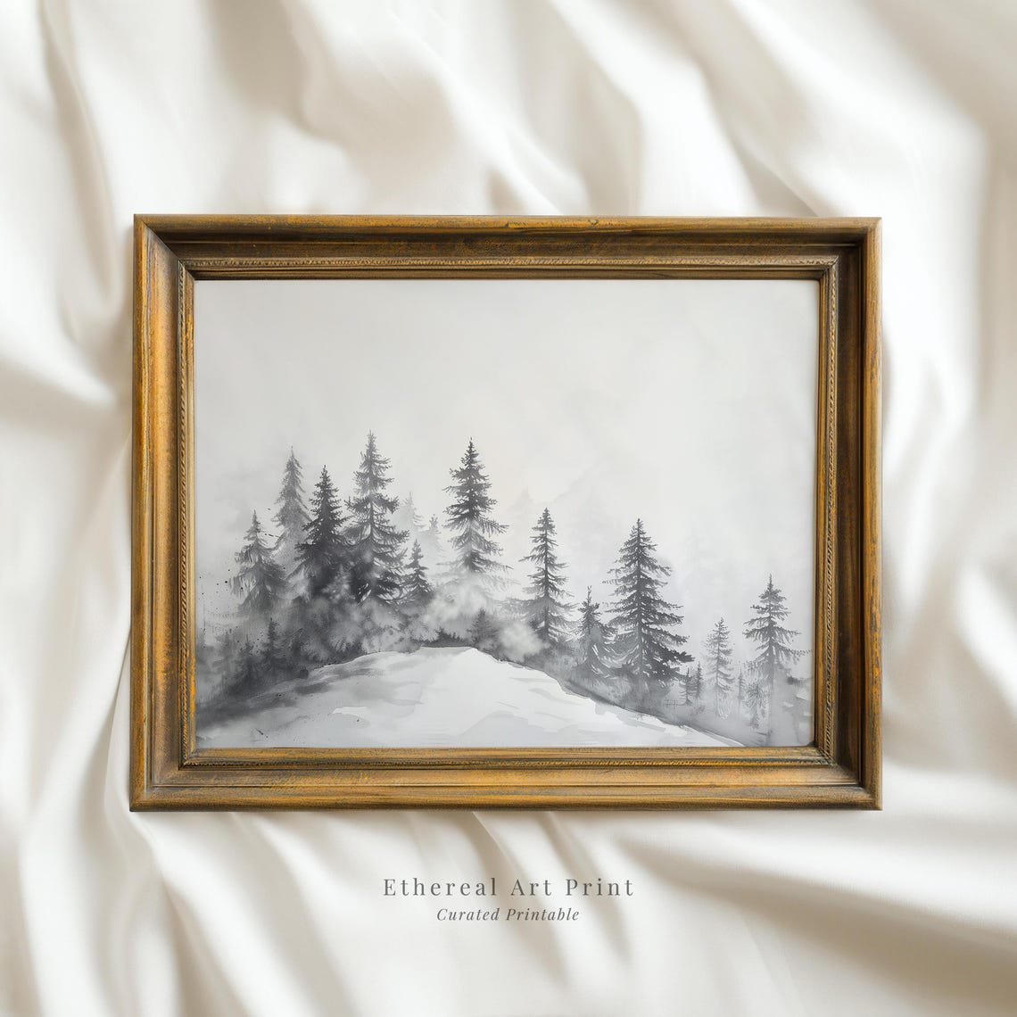 Foggy Pine Trees Sketch Winter Forest Gray Landscape Wall Art