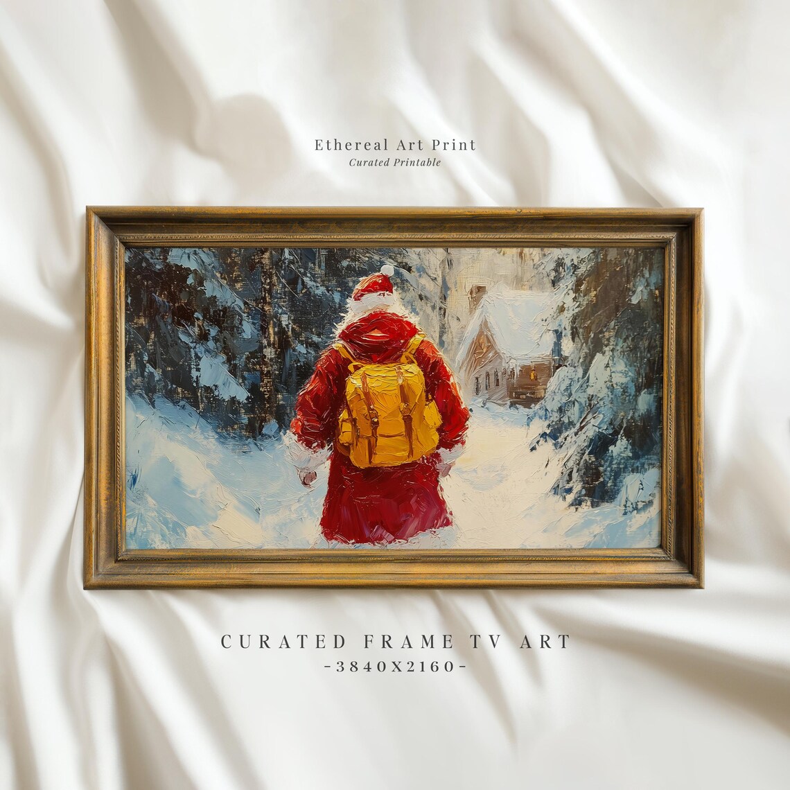 Santa Claus Walking Through Snowy Forest To Cabin Christmas Poster