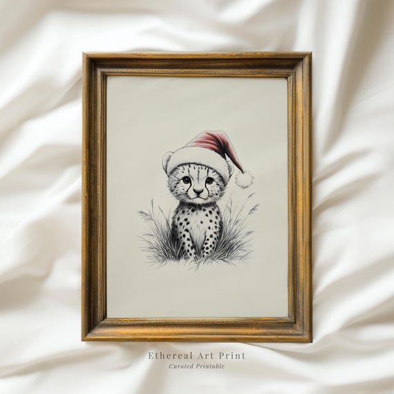 Cute Baby Cheetah In Santa Hat Sketch Neutral Christmas Nursery Wall Decor Vintage Funny Animal Drawing Art Print