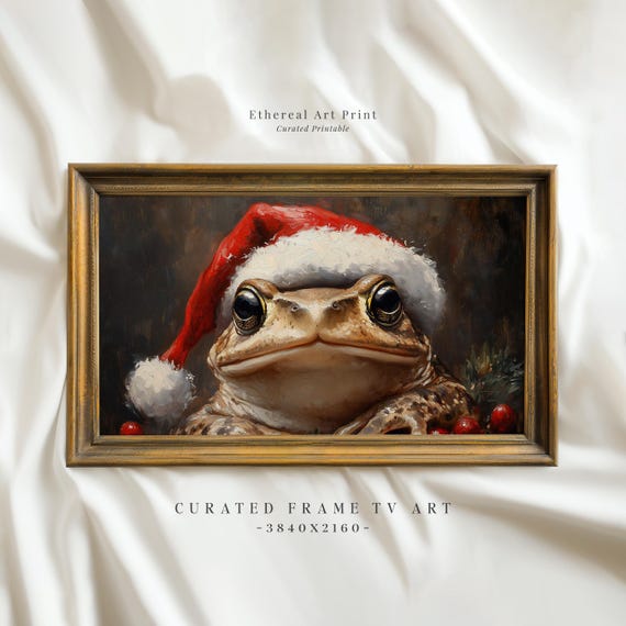 Cute Toad In Santa Claus Hat Painting Frame Tv Art Nursery Christmas Decor Vintage Frog Oil Painting Frame Tv Xmas Screensaver