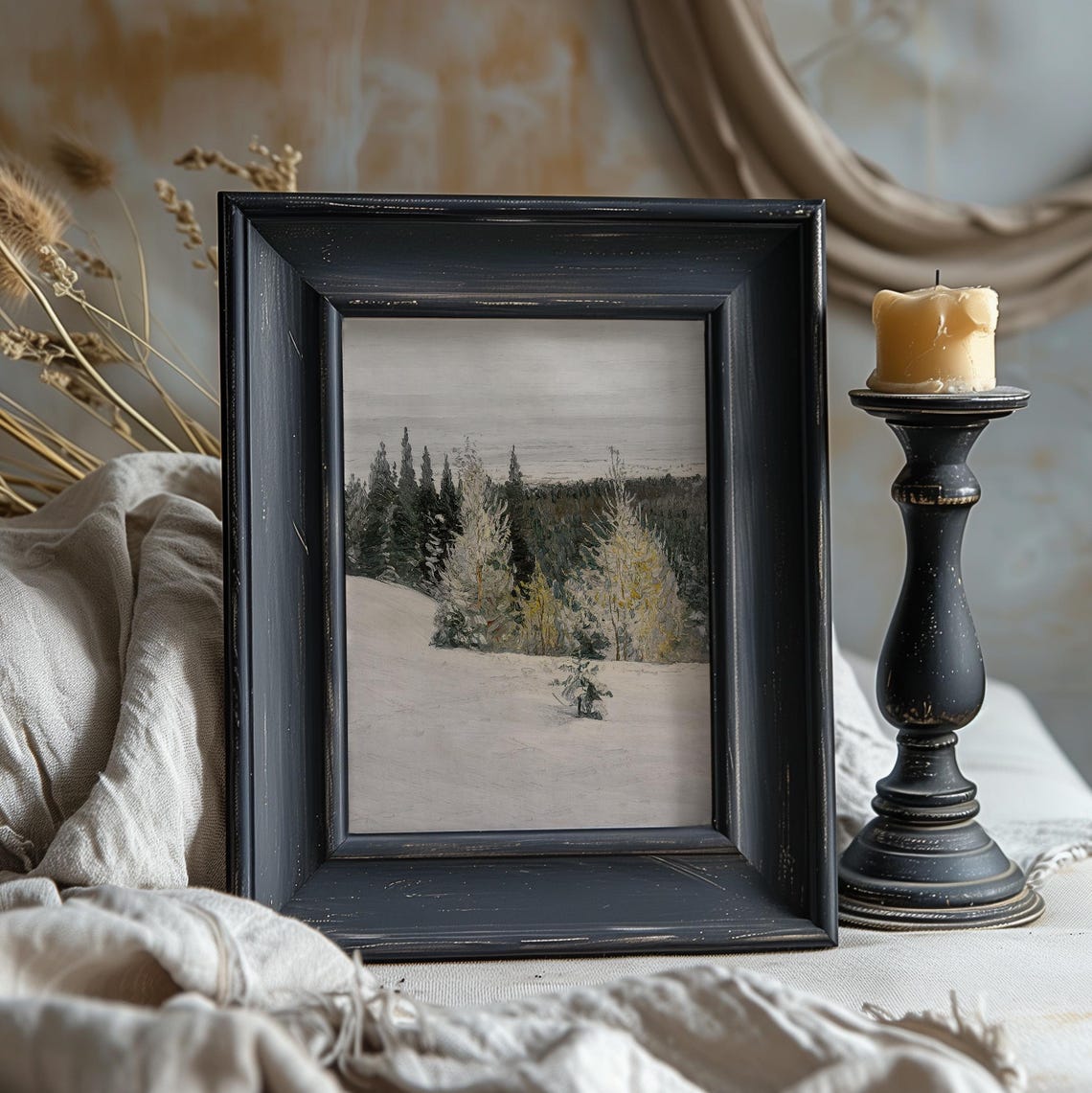 Snowy Forest Edge Winter Hillside Antique Oil Painting Art Print - Image 2