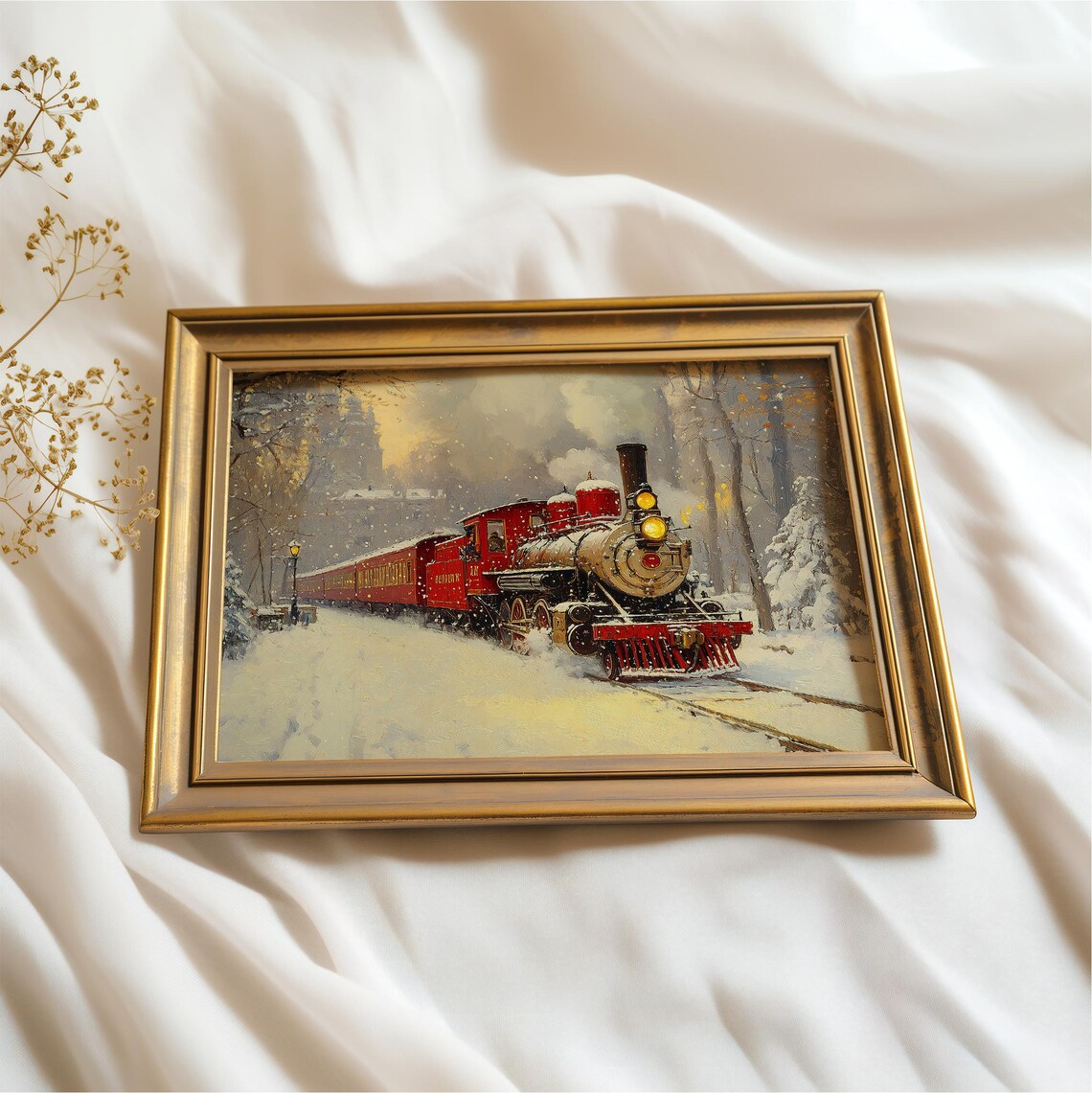 Vintage Red Steam Locomotive Snowy Winter Landscape Painting Print - Image 3