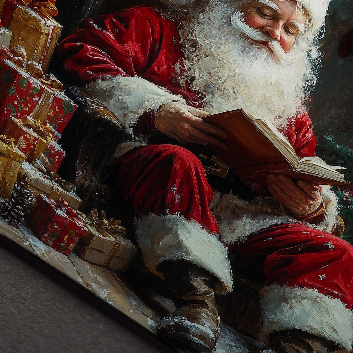 Santa Reading By Christmas Tree Armchair Holiday Painting Wall Art - Image 4
