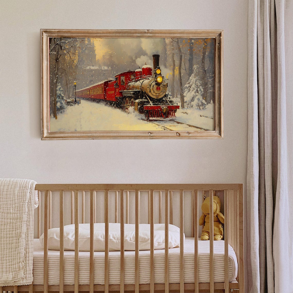 Classic Red Steam Train Snowy Forest Christmas Holiday Wall Art - Image 4