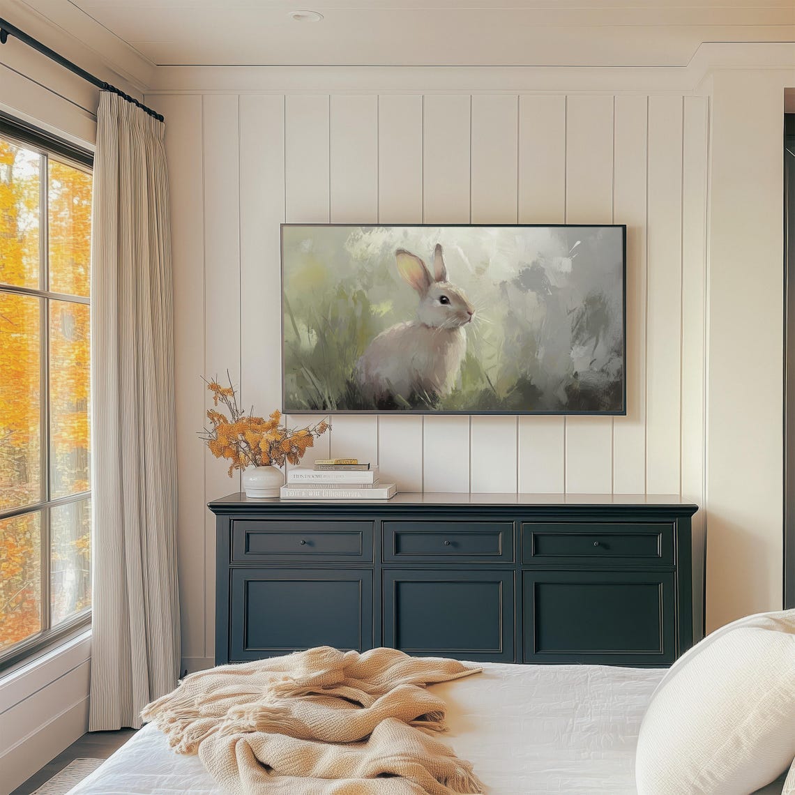 Beige Bunny In Sunlit Grass Soft Painterly Rabbit Animal Wall Art - Image 2