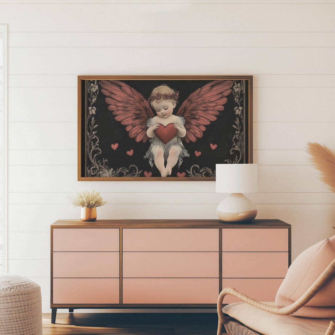 Vintage Cupid Holding Red Heart Dark Romantic Valentines Tv Art - Image 3