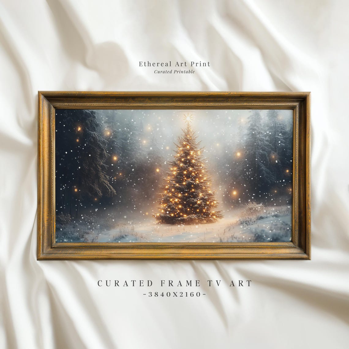 Glowing Christmas Tree Lights In Dark Snowy Forest Night Art Poster