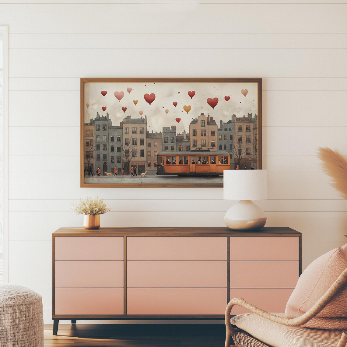 Vintage Yellow Tram Under Heart Balloons European Street Art Print - Image 3