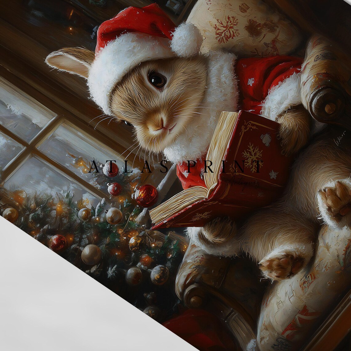 Storybook Bunny Santa Suit Reading By Christmas Tree Print Art - Image 4