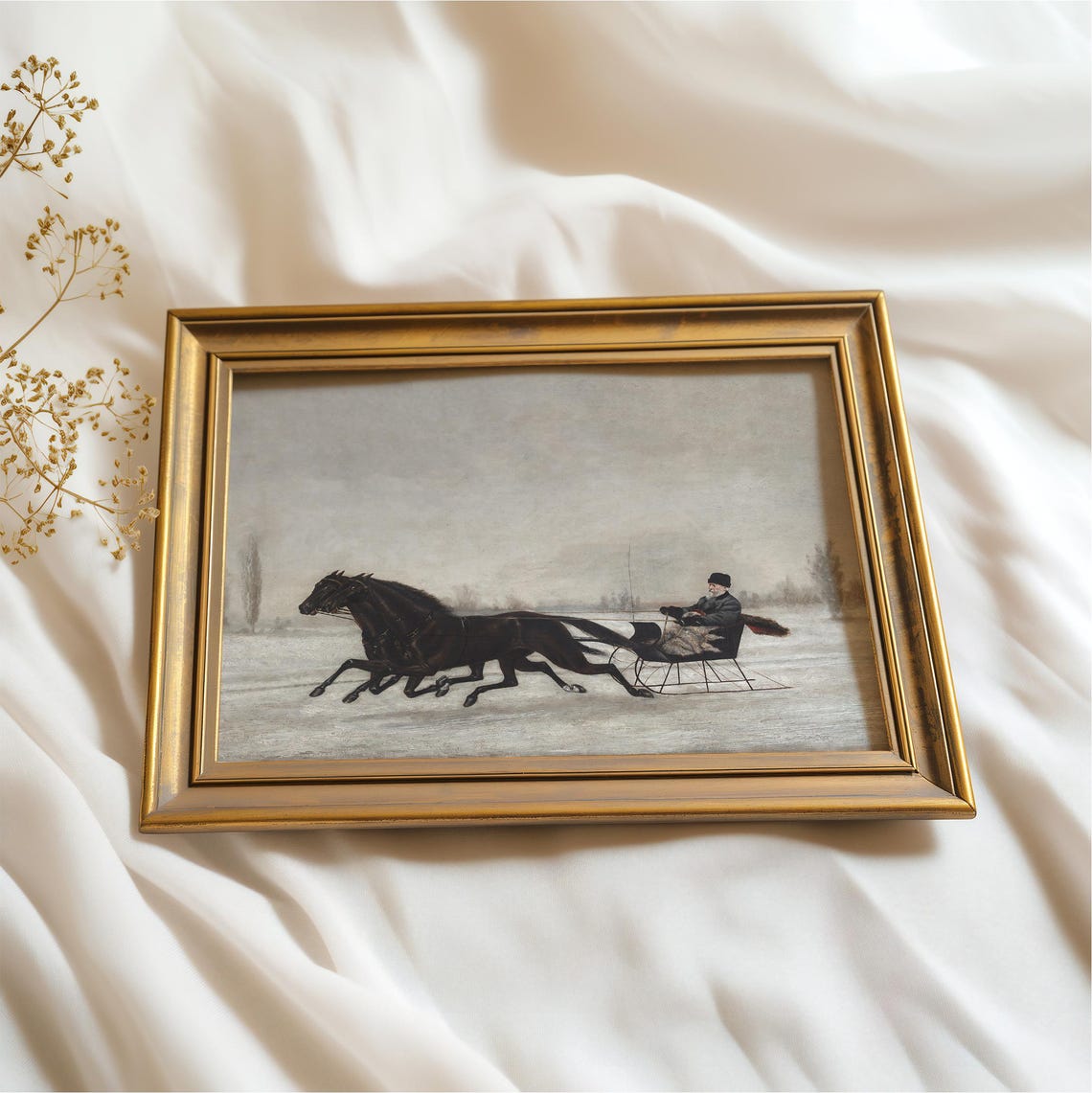 Vintage Winter Print Antique Sleigh Ride Painting Christmas Farmhouse Decor Holiday French Country Wall Art - Image 3