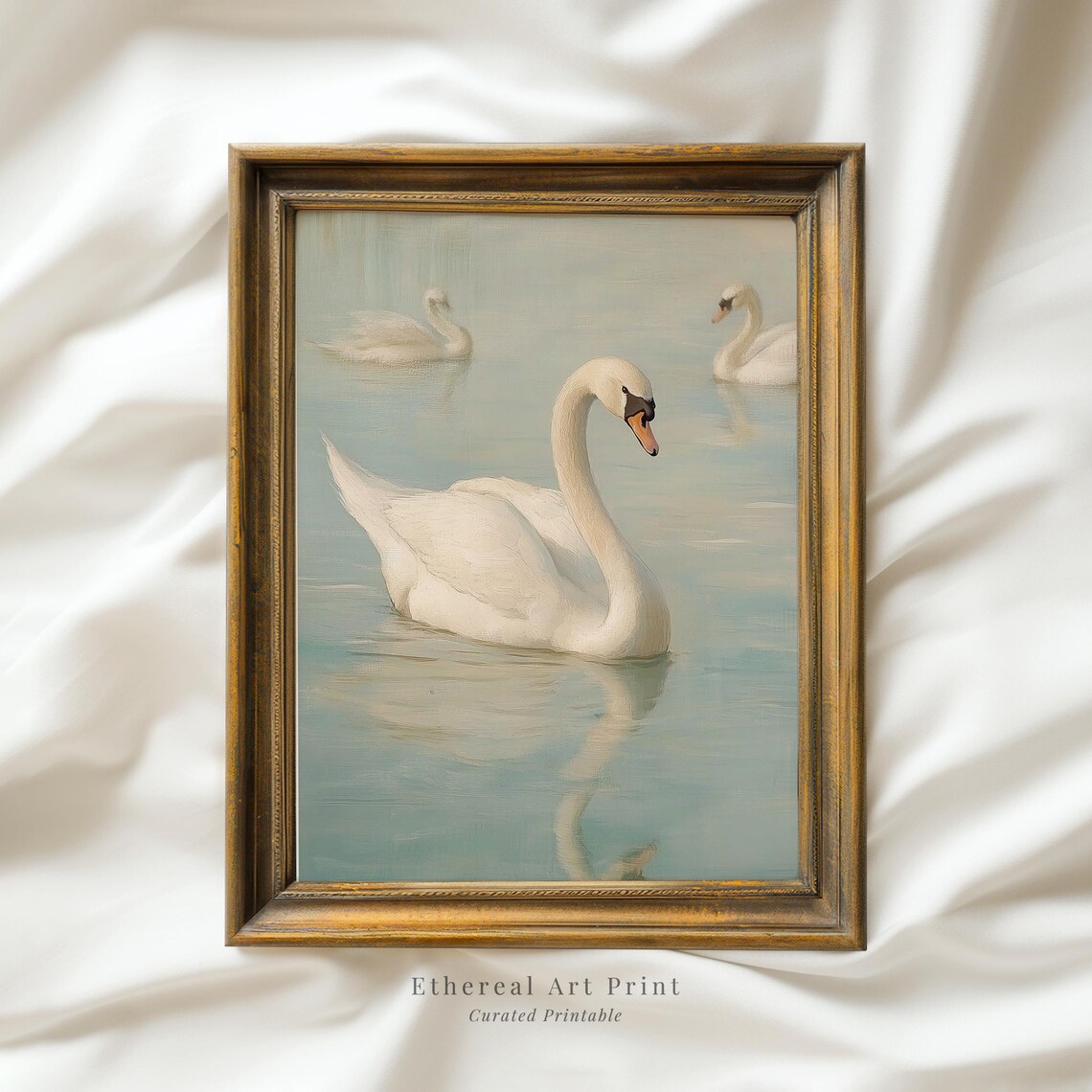 White Swan Painting Pastel Mute Swans On Calm Lake Oil Art Print
