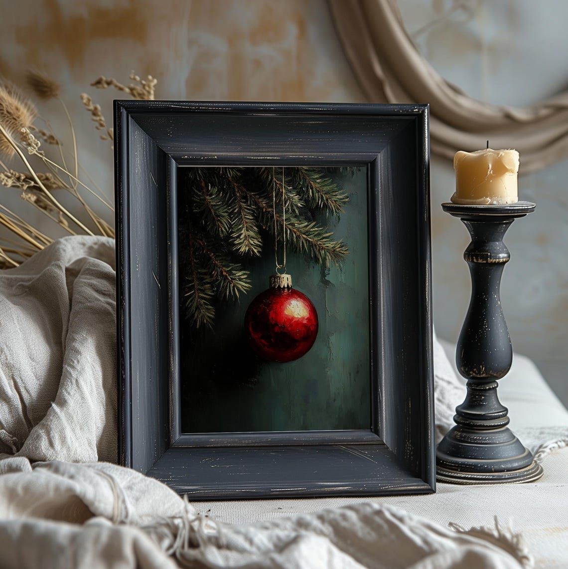 Single Red Christmas Bauble On Pine Branch Dark Moody Art Print - Image 3