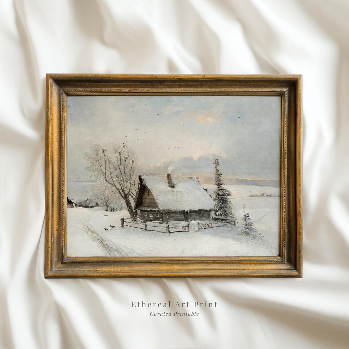 Snowy Winter Cottage Smoke Rising Chimney Vintage Painting Art Print