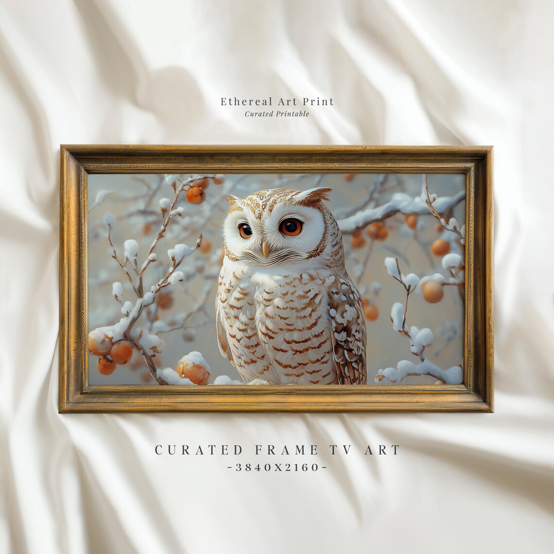 Beautiful Speckled Owl Snowy Branch Orange Berries Wildlife Print