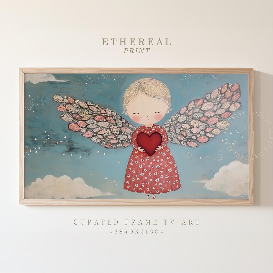 Blonde Angel in Red Dress With Leaf Wings Starry Night Art Print