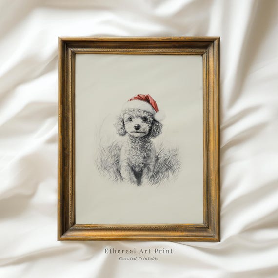 Cute Baby Poodle With Santa Hat Sketch Neutral Christmas Nursery Wall Decor Vintage Winter Wall Art Dog Drawing Prints