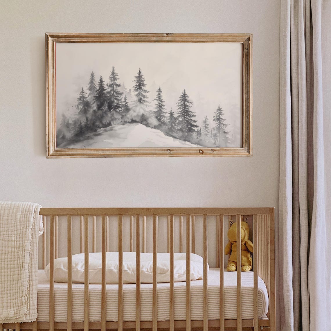 Misty Gray Pine Forest Sketch Snowy Winter Trees Foggy Wall Art - Image 4