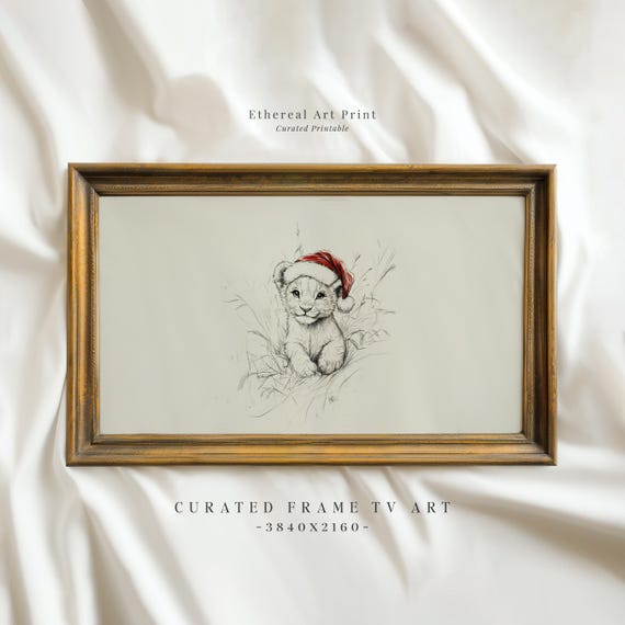 Vintage Lion With Santa Hat Sketch Frame Tv Art Neutral Christmas Nursery Holiday Decor Winter Frame Tv Cute Baby Lion Drawing