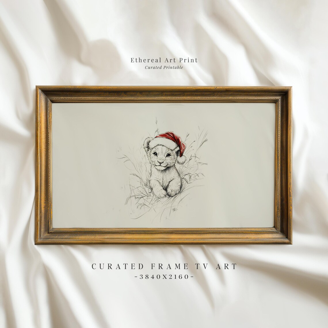 Baby Lion Cub Santa Hat Sketch Grass Nursery Christmas Winter Wall Art