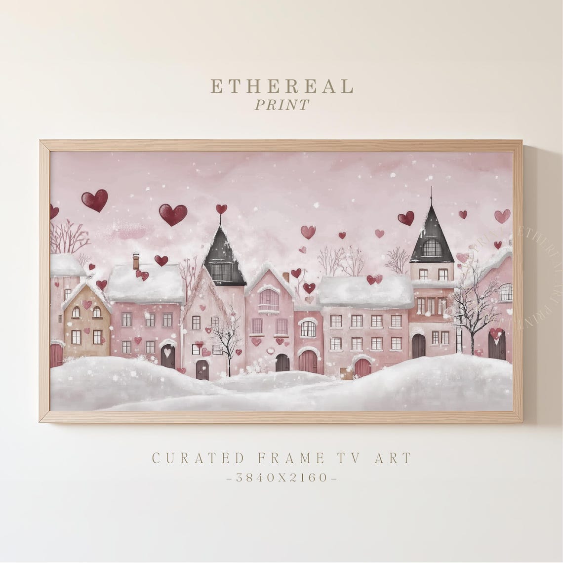 Pink Snowy Village Hearts Romantic Valentines Day Tv Art Print