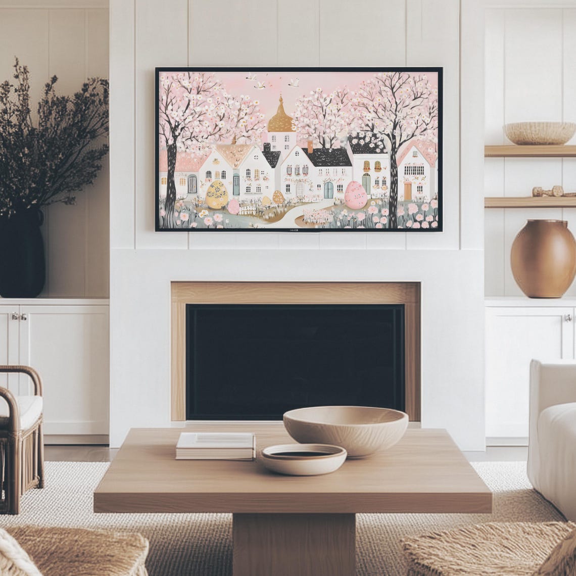 Pink Cherry Blossom Easter Village Golden Dome Church Spring Wall Art - Image 4