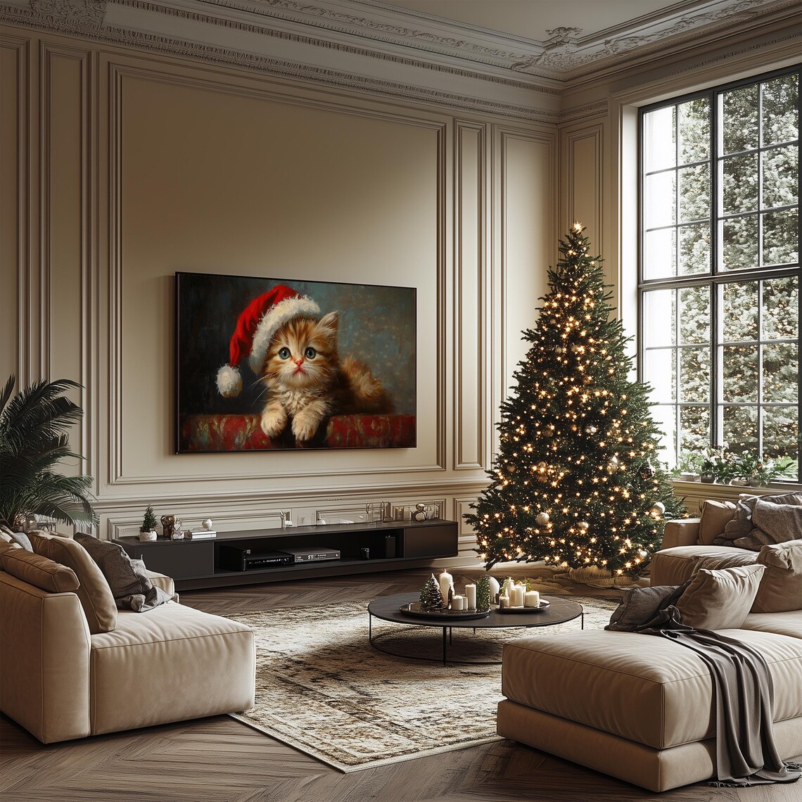 Cute Kitten In Santa Hat Painting Frame Tv Art Nursery Christmas Decor Vintage Baby Cat Oil Painting Frame Tv Xmas Screensaver - Image 4