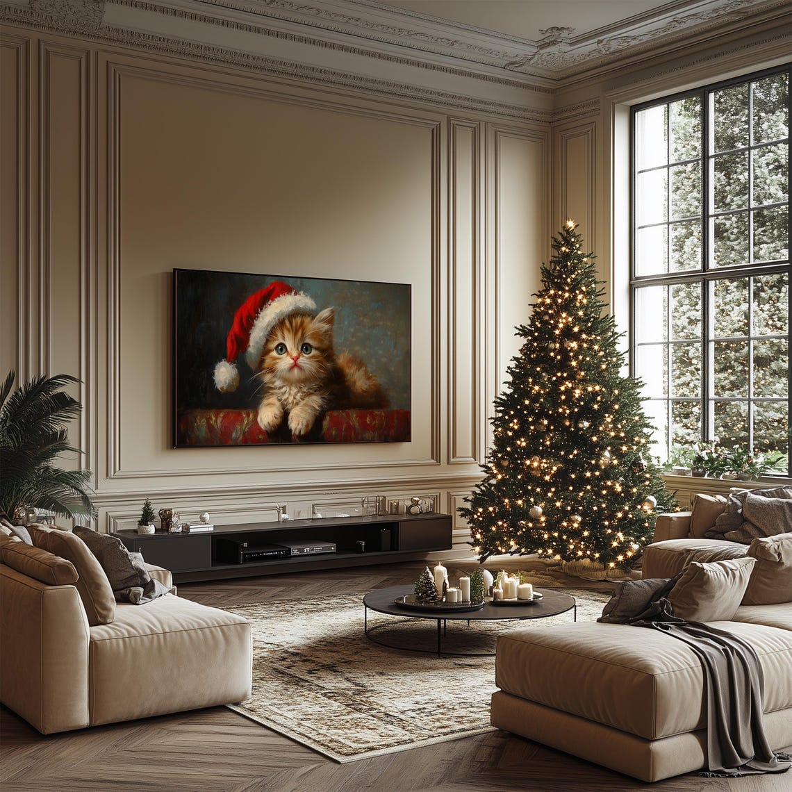 Fluffy Tabby Kitten Red Santa Hat Christmas Vintage Painting Print - Image 4