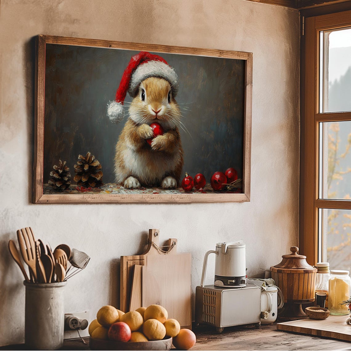 Cute Bunny Santa Hat Holding Ornament Christmas Holiday Wall Art - Image 4