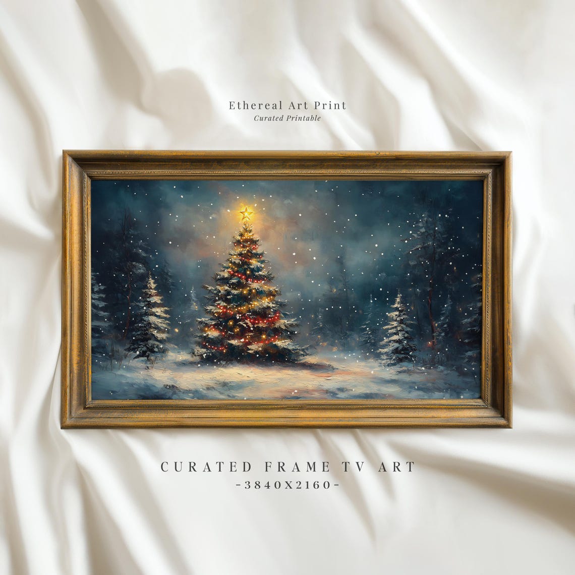 Decorated Christmas Tree With Bright Star Snowy Night Art Poster