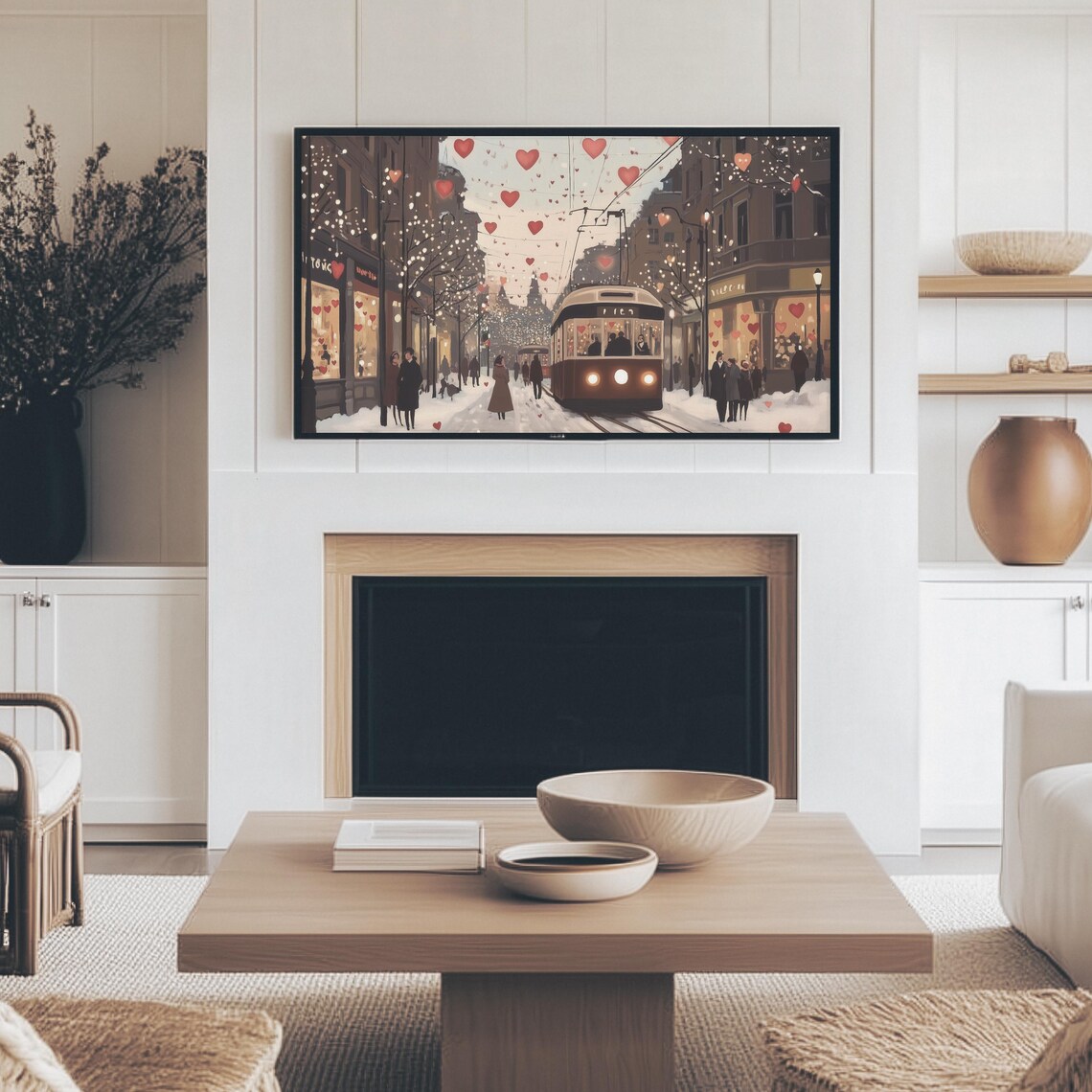 Snowy Evening Street Tram With Heart Garlands And Lights Art Print - Image 4