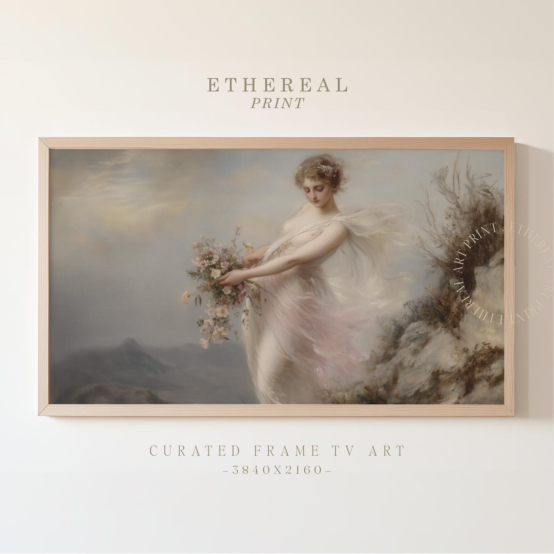 Ethereal Goddess In Flowing Gown With Wildflowers Dreamy Art Print