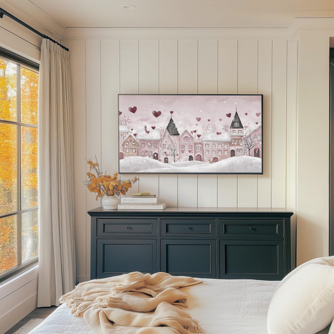 Pink Snowy Village Hearts Romantic Valentines Day Tv Art Print - Image 2
